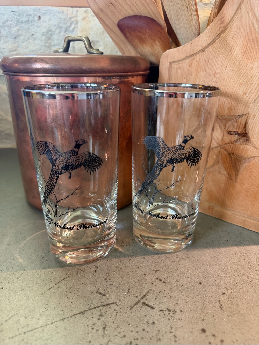 Set of 2 Clear Highball Glasses with Silver Rim and Pheasant Motif